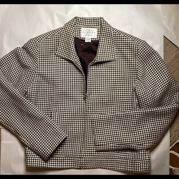 EXPRESS TAILLEUR BROWN HOUNDSTOOTH LINED CROPPED ZIP JACKET SZ. 7/8 - Picture 1 of 9